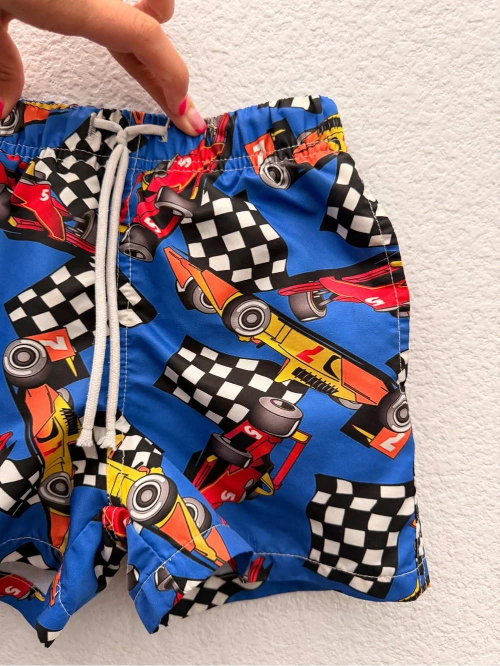 Blue Racing Print Boys Swim Shorts